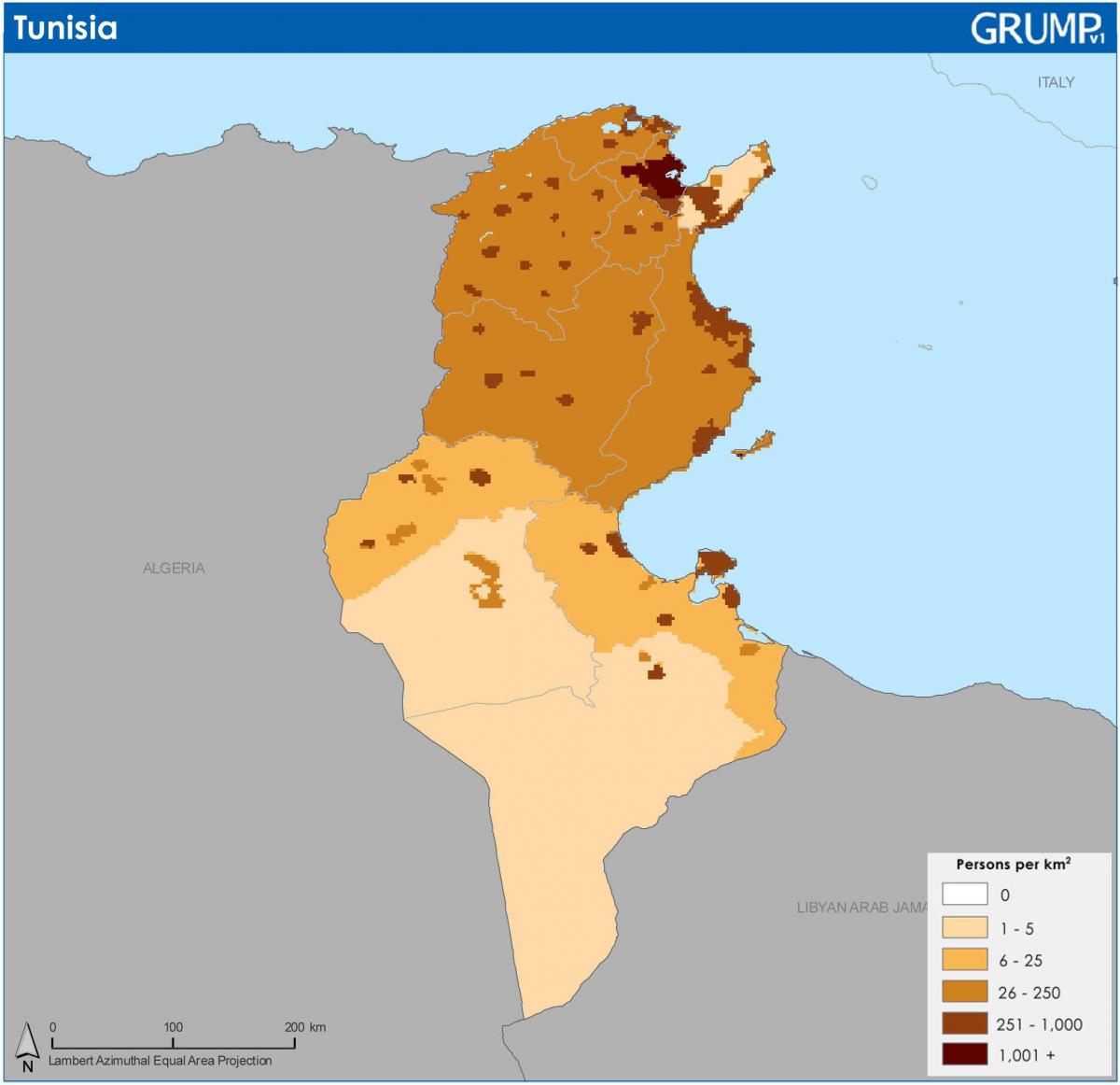 Mapa de densidade da Tunísia